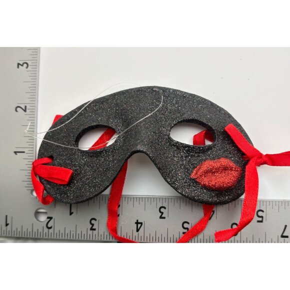 Masquerade Mask Christmas Tree Ornament Black Glitter Red Ribbon Lips Accent - Picture 3 of 6
